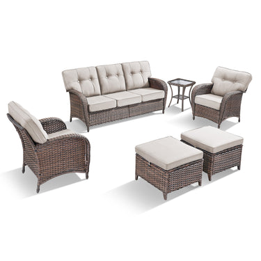 Belord T Series 5-piece patio set with brown PE wicker, beige cushions, includes 3-seater sofa, 2 chairs, side table, and 2 ottomans.