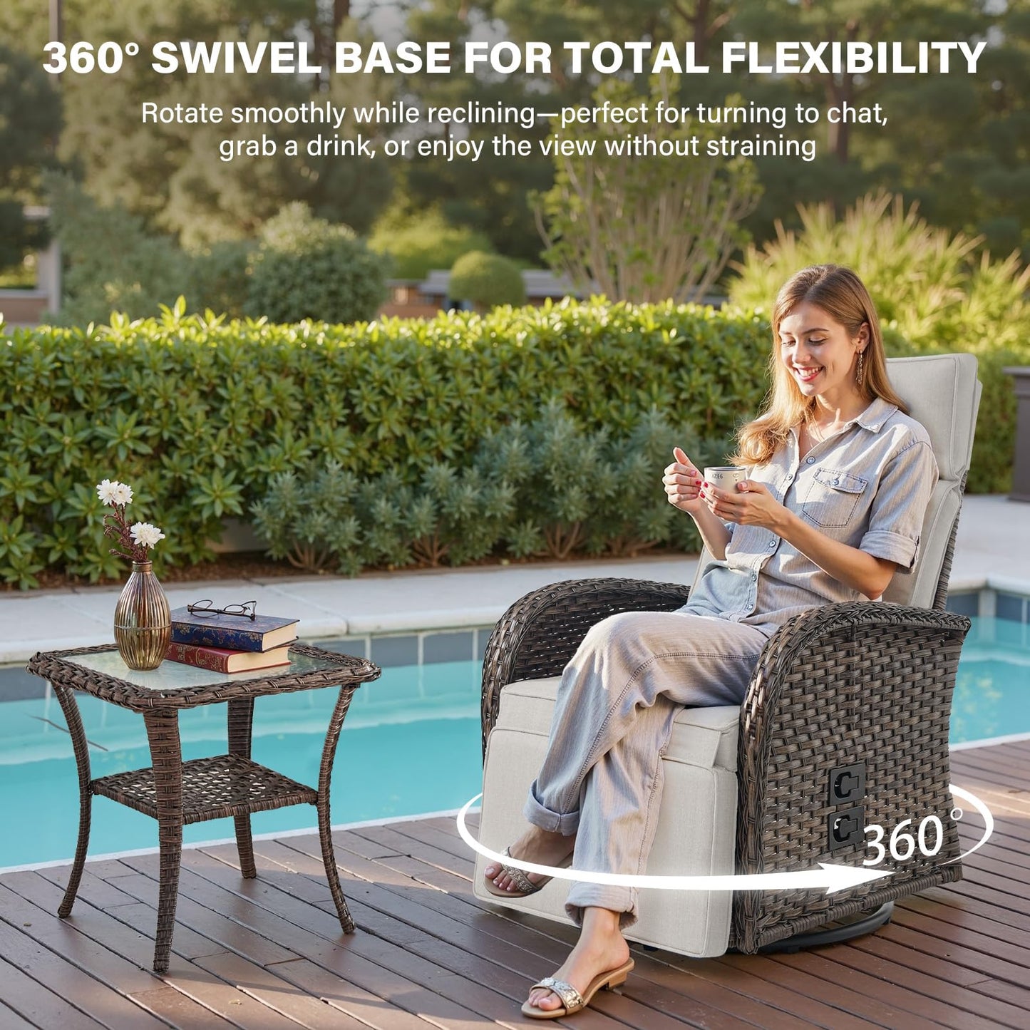 5-Piece Outdoor Set: PE Wicker Swivel Recliners + Sofa & 30" Propane Fire Table - NDS Series