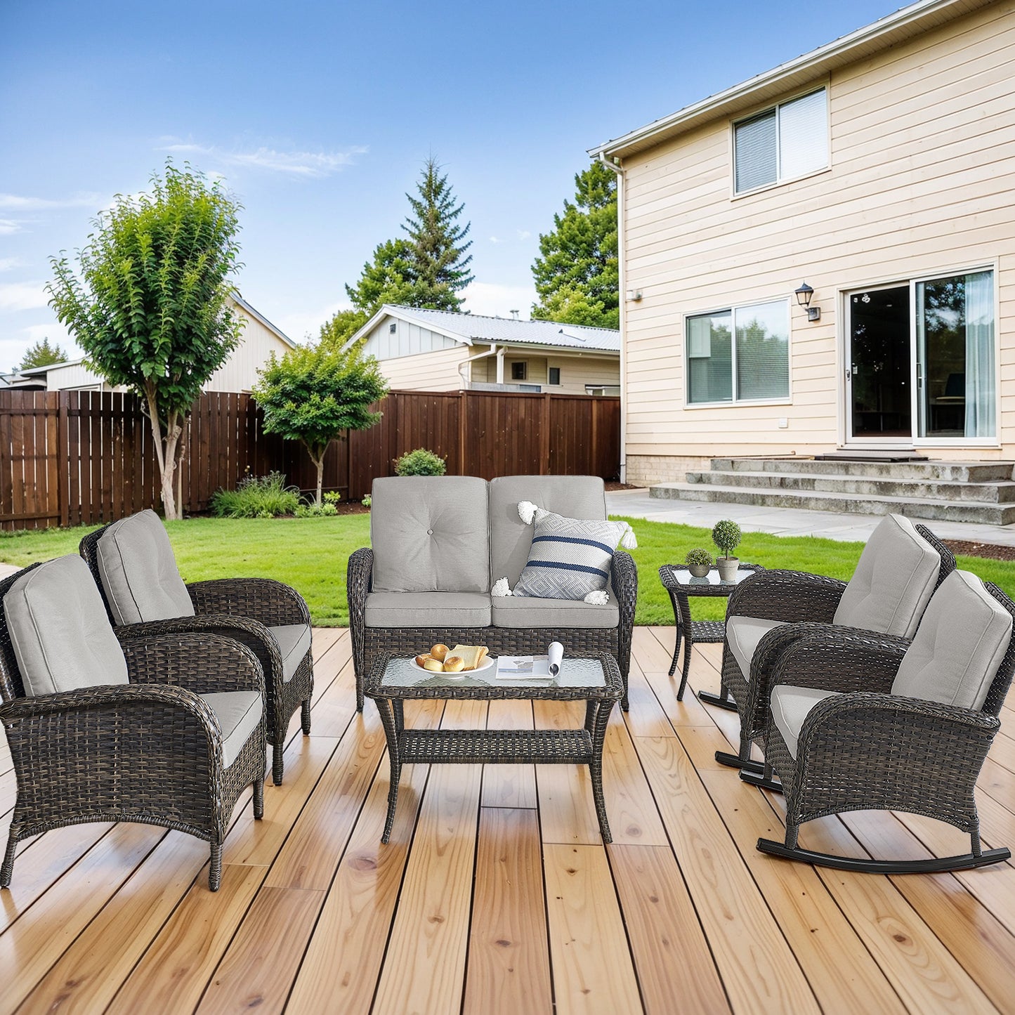 Patio Conversation Set 7-Piece with Loveseat, Rocking Chairs, Patio Chairs, Coffee Table, and Side Table, NDS Series