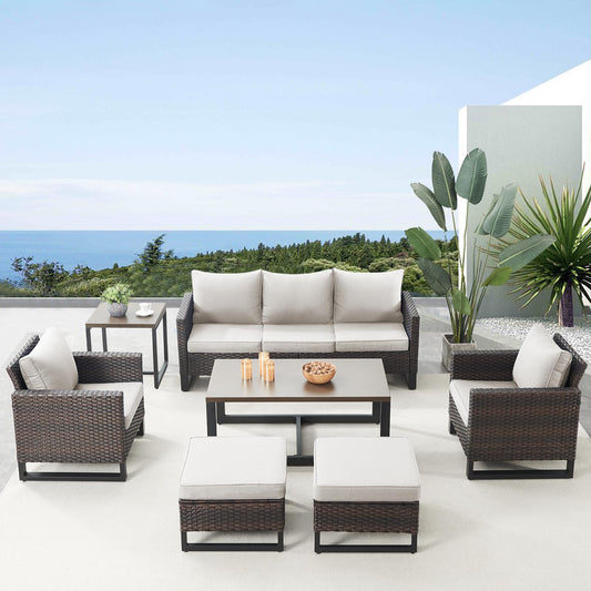 Patio Conversation Set 7-Piece with Sofa, Patio Chairs, Coffee Table, Side Table, and Ottoman, GRS Series