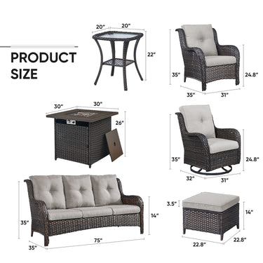 Patio Conversation Set 9-Piece with Fire Pit Table, Swivel Glider Chairs, Patio Chairs, Sofa, Side Table and Ottoman, NTC Series - Belord