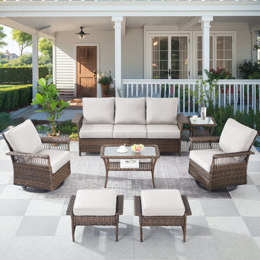 Patio Conversation Set 7-Piece with Sofa, Swivel Glider Chairs, Coffee Table, Side Table, and Ottoman, SS Series - Belord