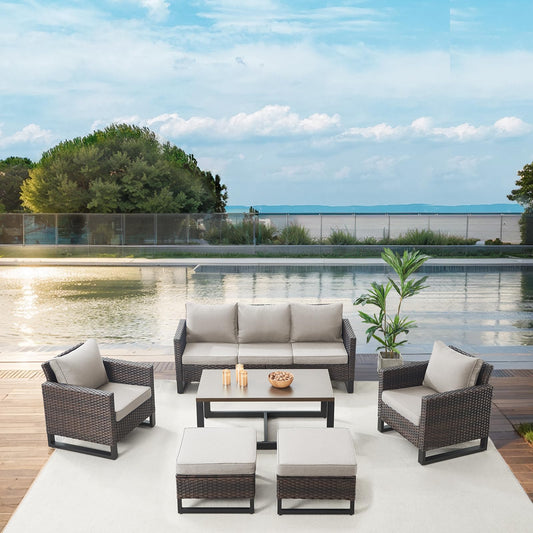 Patio Conversation Set 6-Piece with Sofa, Patio Chairs, Coffee Table, and Ottoman, GRS Series