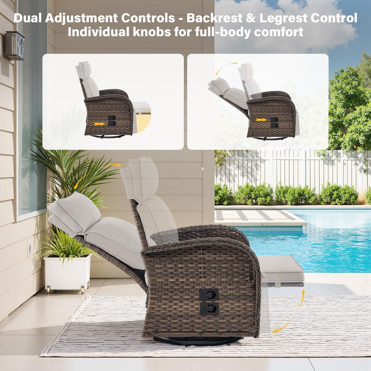 5-Piece Outdoor Set: PE Wicker Swivel Recliners + Sofa & 30" Propane Fire Table - NDS Series
