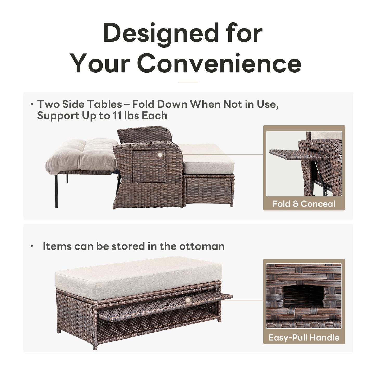 Premium 6-Piece Patio Furniture Set - All-Weather PE Wicker Conversation Set with Loveseat Daybed, 2 Recliner Lounge Chairs & 2 Side Table for Poolside, NDS Series