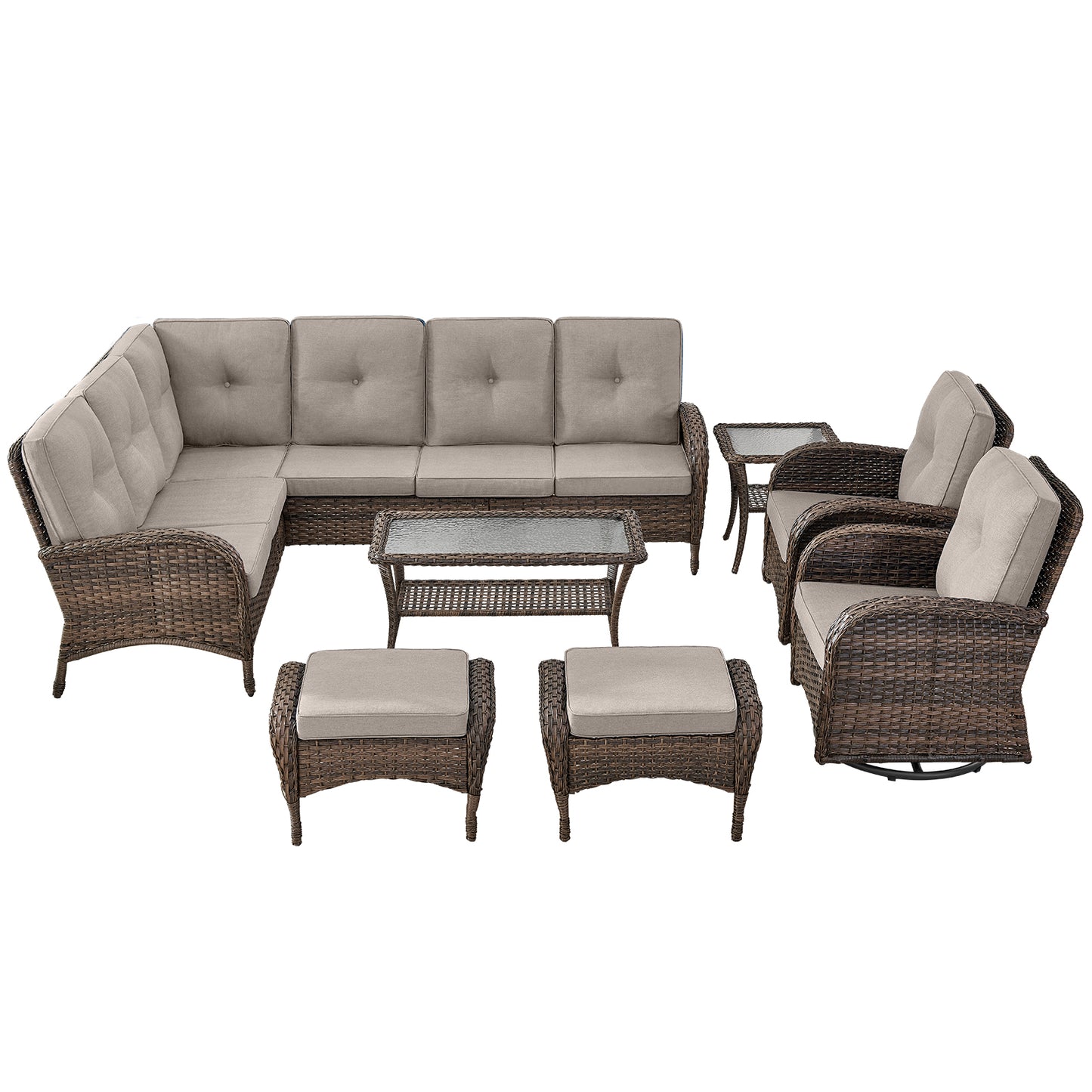 Large Sectional Set 12-Piece with Swivel Glider Chairs, Coffee Table, Side Table, and Ottoman, NDS Series