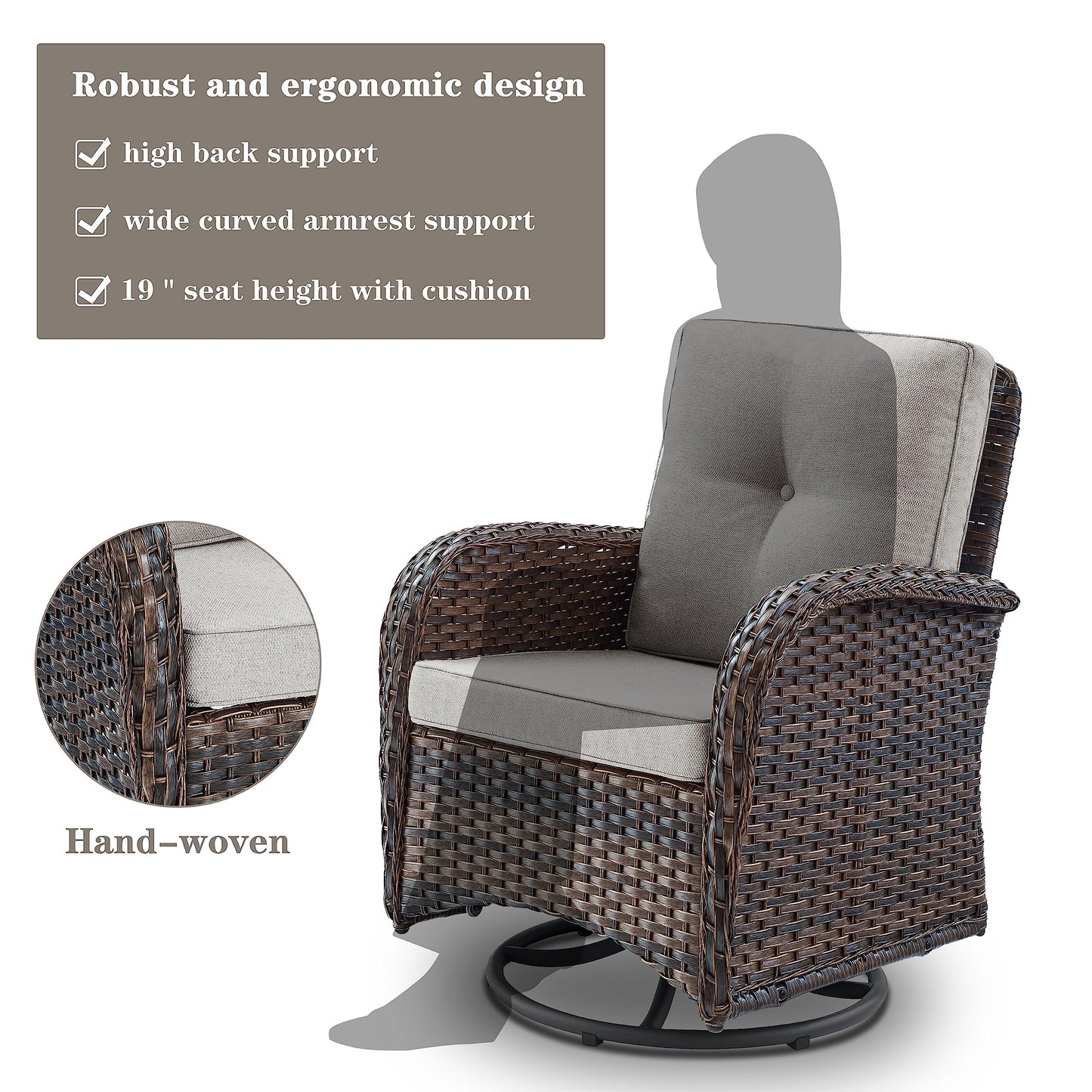 Patio Single PE Wicker Swivel Glider Chair with Thick Cushions, NDS Series