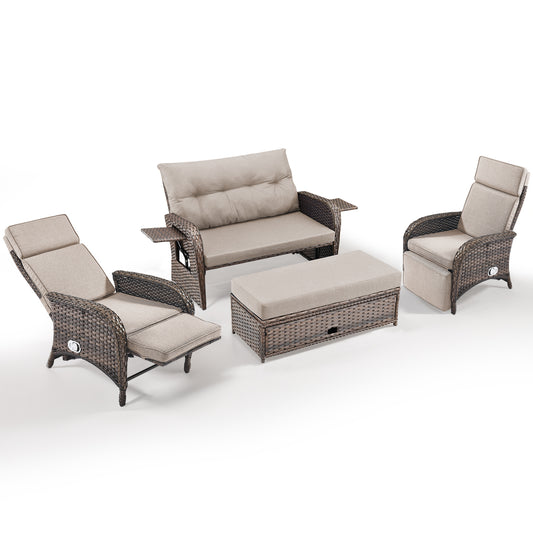 Premium 4-Piece Patio Furniture Set – All-Weather PE Wicker Conversation Set with Loveseat Daybed & 2 Recliner Lounge Chairs for Poolside, NDS Series