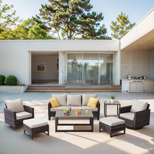 Patio Conversation Set 7-Piece with Sofa, Swivel Glider Chairs, Coffee Table, Side Table, and Ottoman, GRS Series