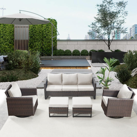 Patio Conversation Set 5-Piece with Sofa, Swivel Glider Chairs, and Ottoman, GRS Series