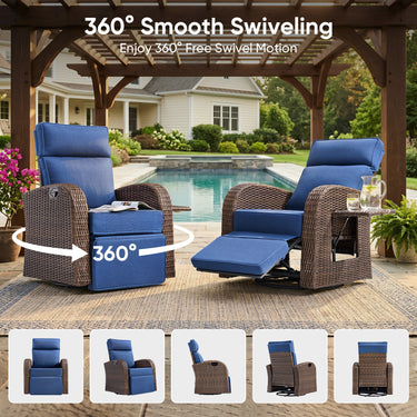 Belord outdoor wicker patio recliner chair with blue cushion, extendable ottoman, and foldable table in brown wicker finish.