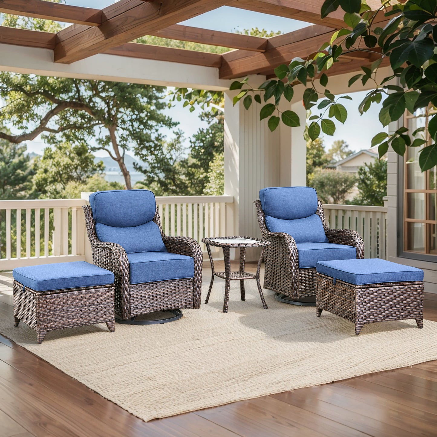 5-Piece Outdoor Wicker Conversation Set – 2 Swivel Glider Chairs with 6" Thick Cushions, 2 Ottomans & Side Table – High Back, NT Series