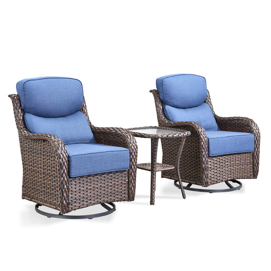 3-Piece Garden Wicker Swivel Glider Set: 2 Chairs + Side Table with 6" Thick Cushions, NT Series