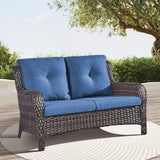 Belord outdoor wicker loveseat sofa with blue cushions, 53-inch 2-seater patio conversation set in brown wicker.