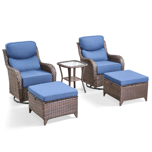 5-Piece Outdoor Wicker Conversation Set – 2 Swivel Glider Chairs with 6" Thick Cushions, 2 Ottomans & Side Table – High Back, NT Series