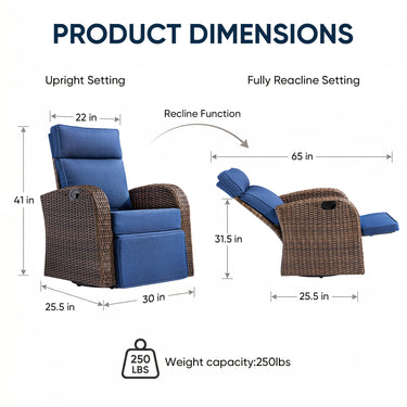 Belord outdoor patio recliner chair with extendable ottoman and foldable table, featuring brown wicker and blue cushion.