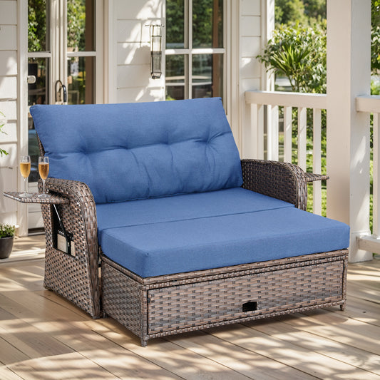 Outdoor Rattan Daybed Set with Multipurpose Ottoman & Side Tray, NDS Series