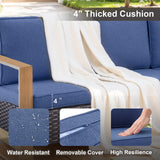 Belord deep-seat wicker patio sofa with blue cushions and wood grain frame, spacious 3-person outdoor conversation set.