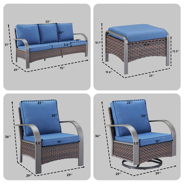 Patio Conversation Set 7-Piece with 1 Sofa, 2 Swivel Glider Chairs, 2 Patio Chairs, 2 Ottoman, HW Series - Belord