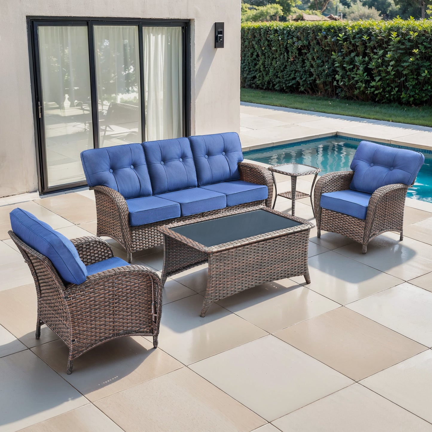 Luxury 5-Piece Patio Conversation Set: 3-Seater Sofa + 2 Patio Chairs + Side Table + Coffee Table – Heavy Duty All-Weather PE Wicker, with 5" Thick Cushions & T-Back Design, T Series