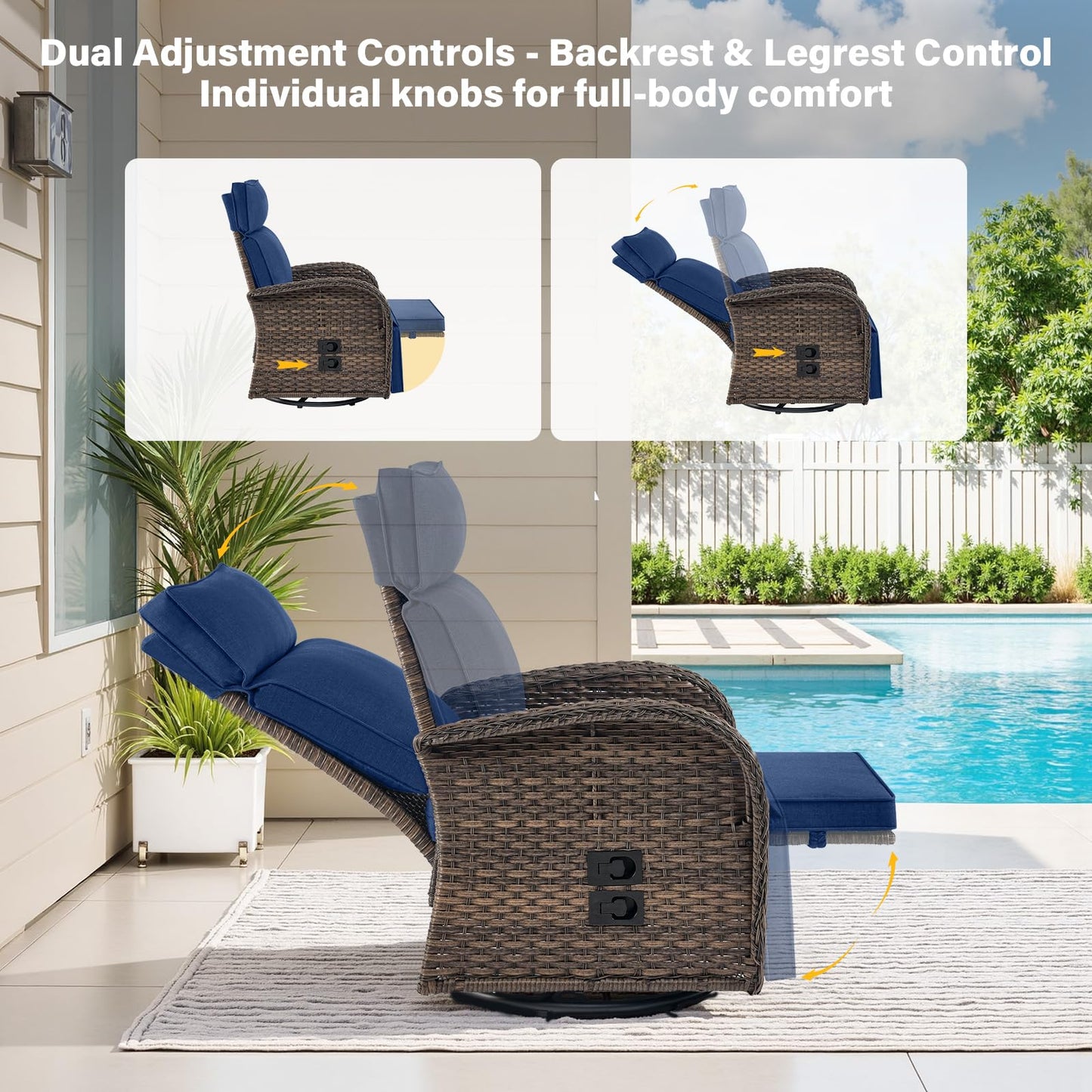 5-Piece Outdoor Set: PE Wicker Swivel Recliners + Sofa & 30" Propane Fire Table - NDS Series