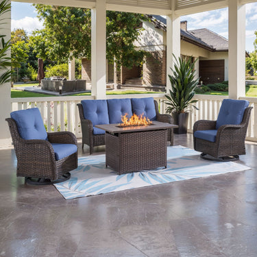 Belord 4-piece wicker patio furniture set with blue cushions, including a fire pit table and swivel chairs for outdoor lounging.