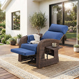 Belord outdoor patio recliner chair with brown wicker, blue cushions, extendable ottoman, and foldable table for patio relaxation.