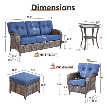 Belord T Series 5-piece patio set with brown PE wicker, blue cushions, includes 3-seater sofa, 2 chairs, side table, and 2 ottomans.