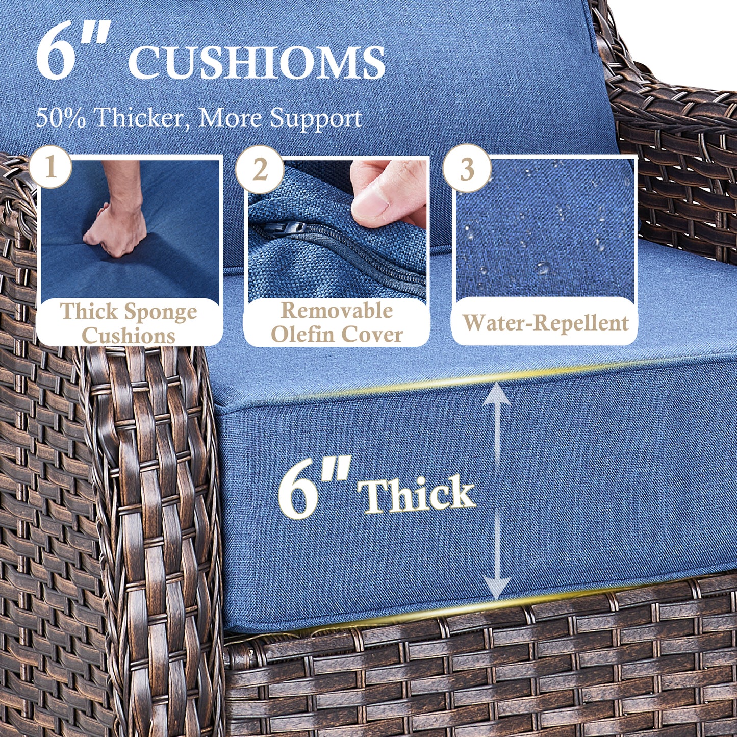 5-Piece Outdoor Wicker Conversation Set – 2 Swivel Glider Chairs with 6" Thick Cushions, 2 Ottomans & Side Table – High Back, NT Series