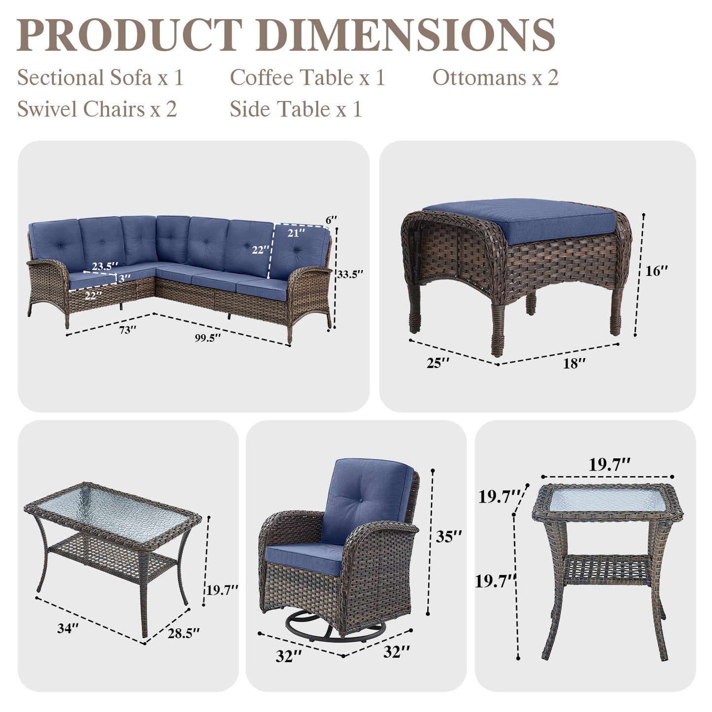 Large Sectional Set 12-Piece with Swivel Glider Chairs, Coffee Table, Side Table, and Ottoman, NDS Series