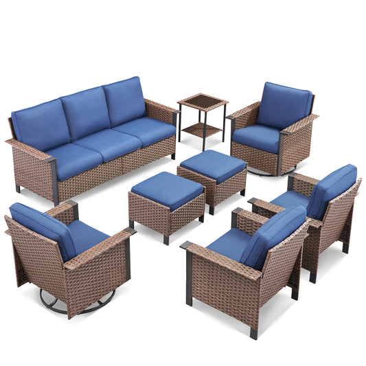 8-Piece Patio Set with Swivel Chairs: All-Weather Wicker 3-Seater Sofa, 2 Ottomans & Rattan Side Table, WNG Series