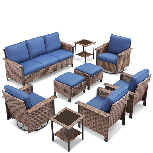 Large 9-Piece Conversation Set — Sofa, 4 Chairs (2 Swivel & 2 Patio Chairs), 2 Ottomans, 2 Side Tables, WNG Series