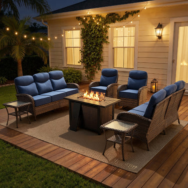 Modern 7-Piece Patio Conversation Set with Rectangular Fire Pit Table – All-Weather Wicker & High Back Comfort, ND Series - Belord