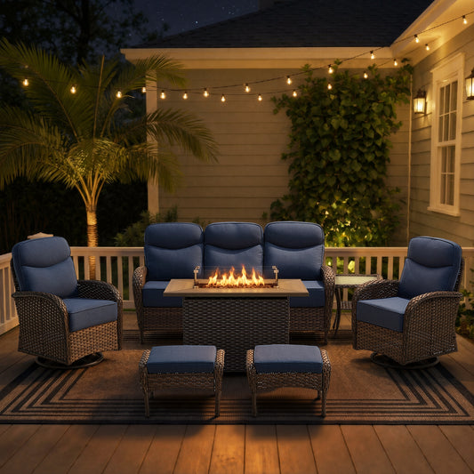 Premium 7-Piece Wicker Patio Set with Rattan Fire Pit Table – High-Back Seating for Garden Relaxation, ND Series - Belord