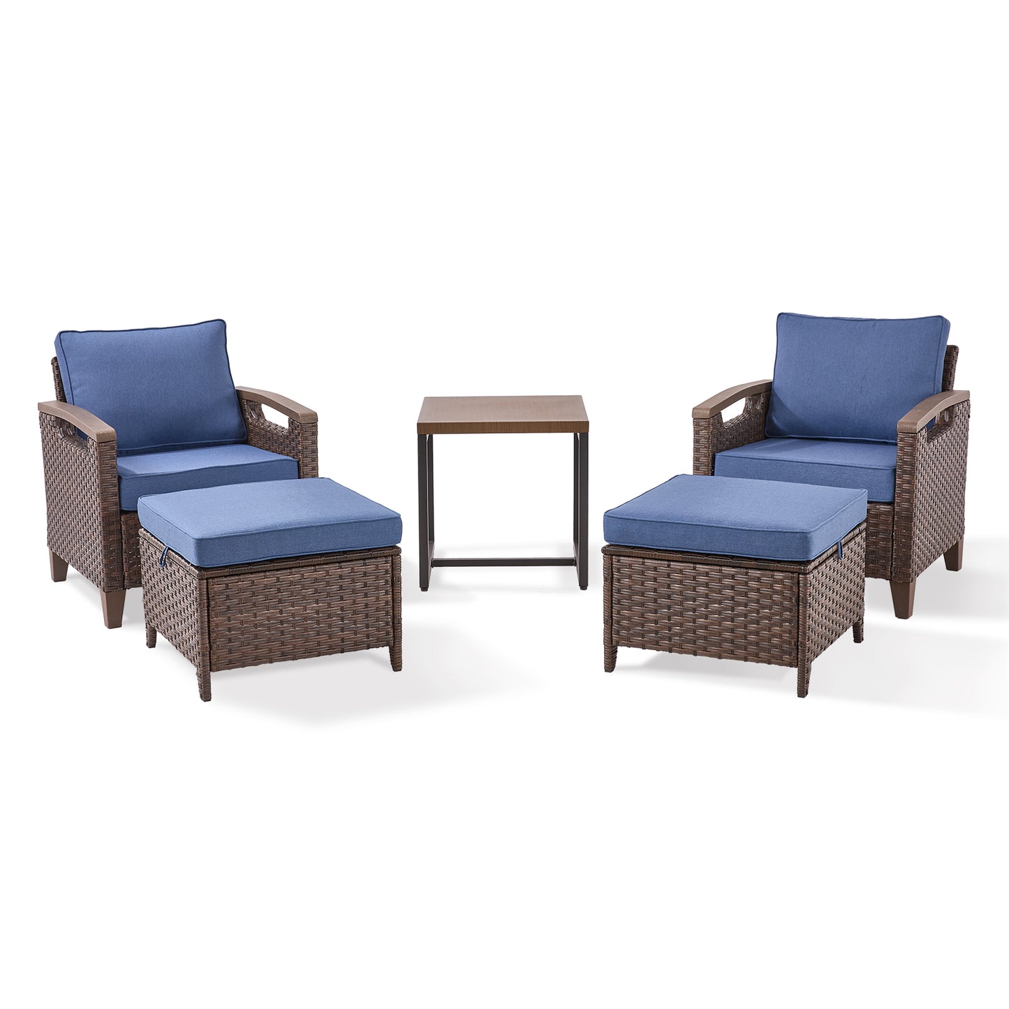 BBR Series 5-Piece Outdoor Set: 2 Patio Chairs, Footrests & Side Table - Premium All-Weather Wicker Patio Furniture