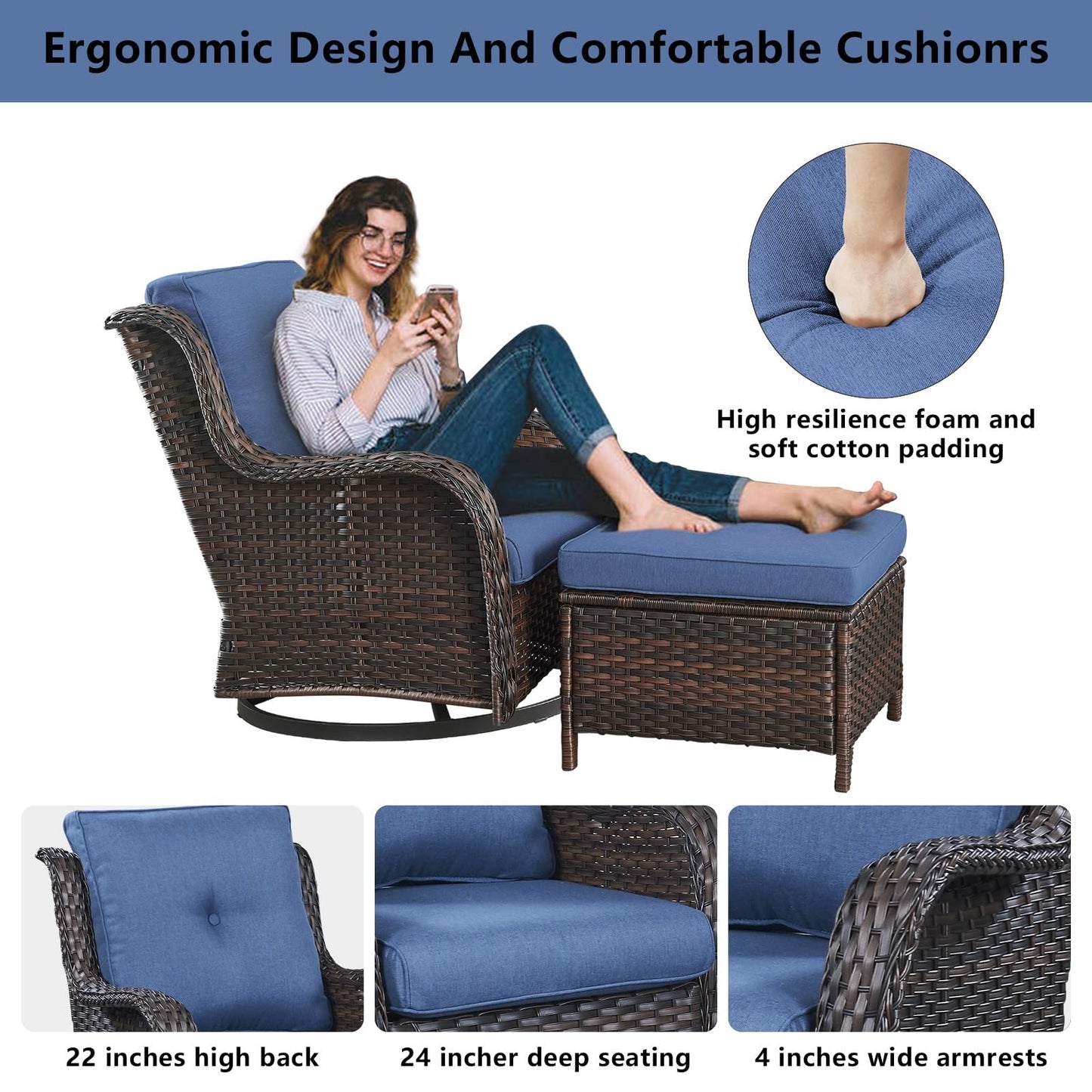 Patio Conversation Set 6-Piece with Sofa, 2-Swivel Glider Chairs, Coffee Table, and 2-Ottoman, NTC Series - B2B Wholesale