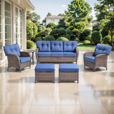 Belord T Series 5-piece patio conversation set with brown all-weather PE wicker, blue cushions, including sofa, chairs, ottomans, and side table.