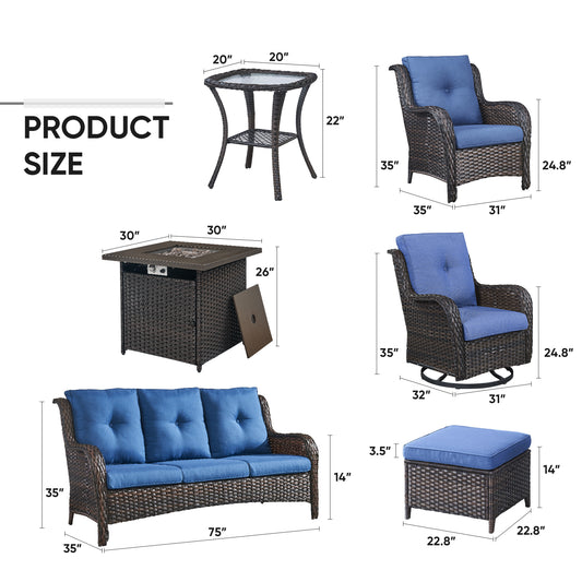 Patio Conversation Set 9-Piece with Fire Pit Table, Swivel Glider Chairs, Patio Chairs, Sofa, Side Table and Ottoman, NTC Series