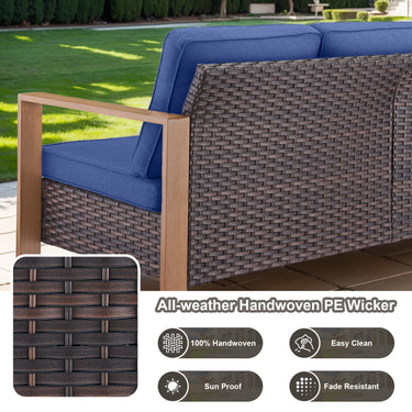 Belord deep-seat wicker patio sofa with blue cushions and wood grain frame, designed for three people in outdoor conversation sets.