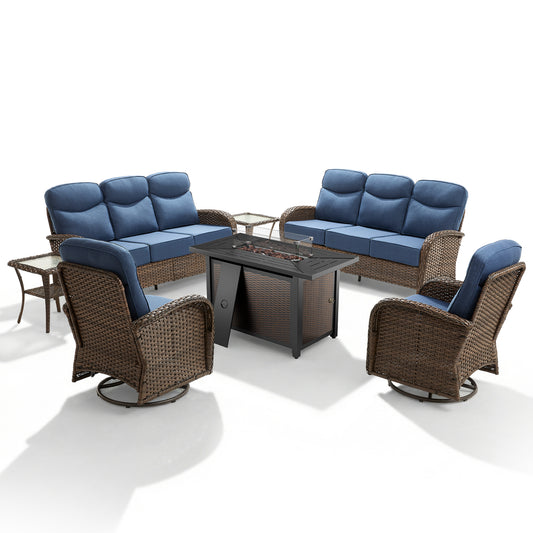 Modern 7-Piece Patio Conversation Set with Rectangular Fire Pit Table – All-Weather Wicker & High Back Comfort, ND Series - Belord