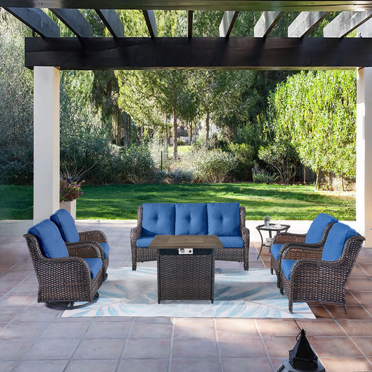 Patio Conversation Set 7-Piece with Fire Pit Table, Swivel Glider Chairs, Patio Chairs, Sofa and Side Table, NTC Series