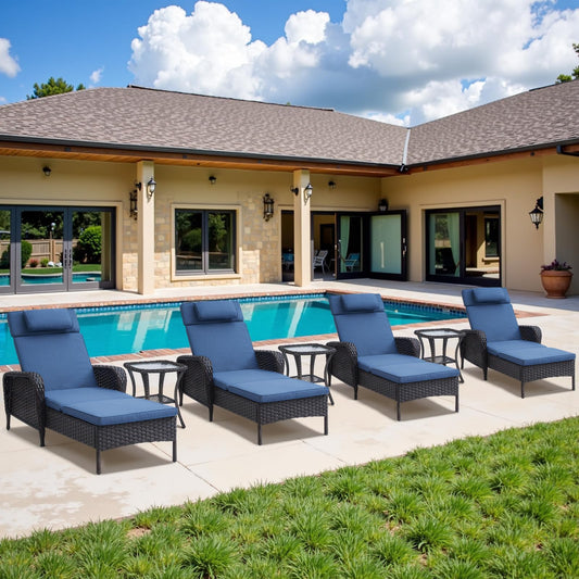 Premium 7-Piece Outdoor Rattan Lounge Set with 4 Adjustable Chaise Lounges & 3 Side Tables - All-Weather Wicker Patio Furniture for Pool Deck, NTC Series