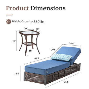 Belord patio chaise lounge with brown wicker frame, blue cushions, and side table, part of the Solo Relaxation Set.