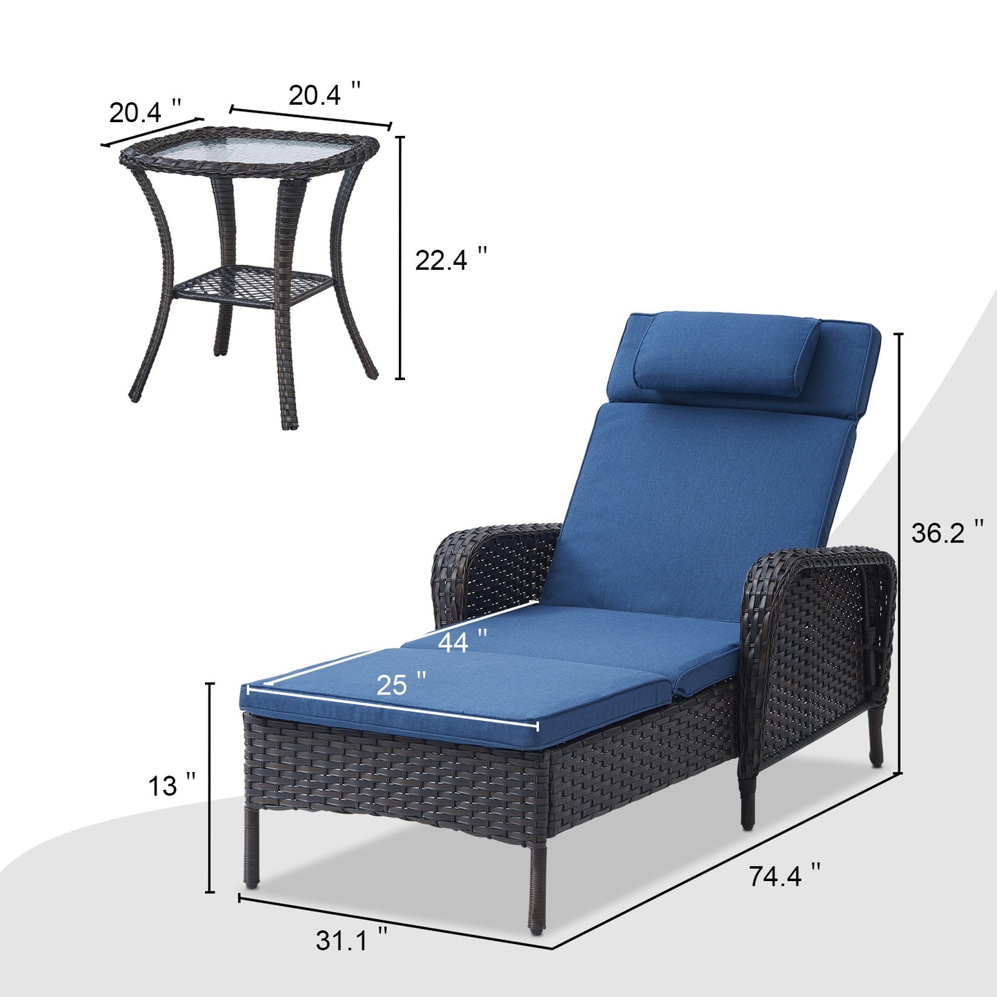 3-Piece Outdoor Wicker Lounge Set – 2 Adjustable 75" Chaise Lounges + Side Table, All-Weather Rattan, NTC Series