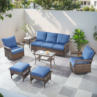 Patio Conversation Set 7-Piece with Sofa, Swivel Glider Chairs, Coffee Table, Side Table, and Ottoman, SS Series - Belord