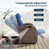 Belord outdoor patio recliner chair with blue cushion, extendable ottoman, and foldable table in brown wicker.