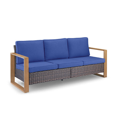 Belord deep-seat wicker patio sofa with blue cushions, wood grain frame, spacious 3-person outdoor conversation set.