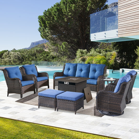 Patio Conversation Set 9-Piece with Fire Pit Table, Swivel Glider Chairs, Patio Chairs, Sofa, Side Table and Ottoman, NTC Series