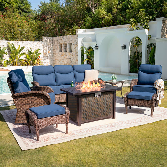 Luxury 7-Piece Patio Lounge Set with Metal Fire Pit Table & Ottomans – Deep Cushion Comfort for Deck Evenings, ND Series - Belord