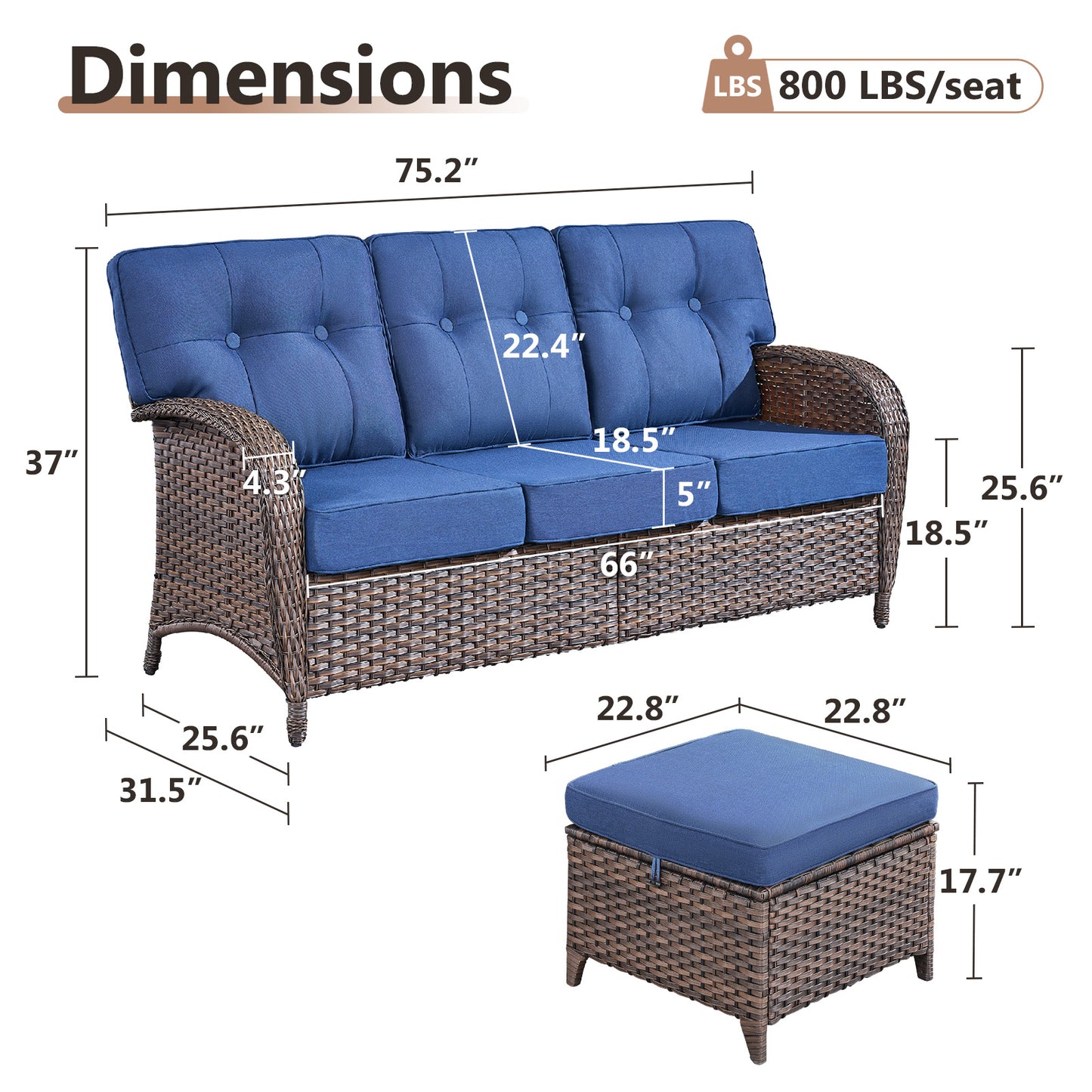 T Series 3-Piece Patio Set: 1 T-Back Sofa + 2 Ottomans – All-Weather PE Wicker with 5" Thick Cushions